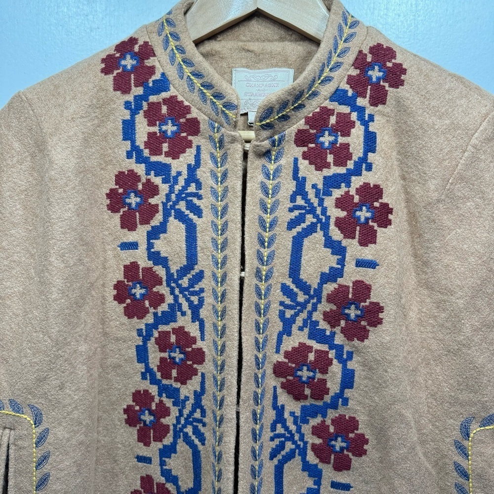 Tan Poncho with Blue Maroon & Yellow Floral Embroidery Champagne and Strawberry - Picture 3 of 10